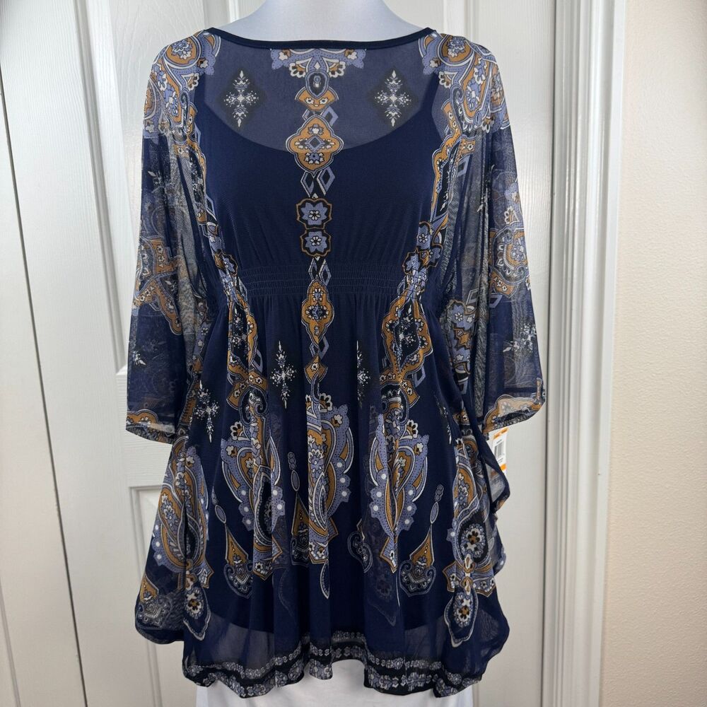 INC International Concepts S Blue Mesh Tunic Top NWT 2 Pc Lined Batwing Boho - Picture 2 of 16